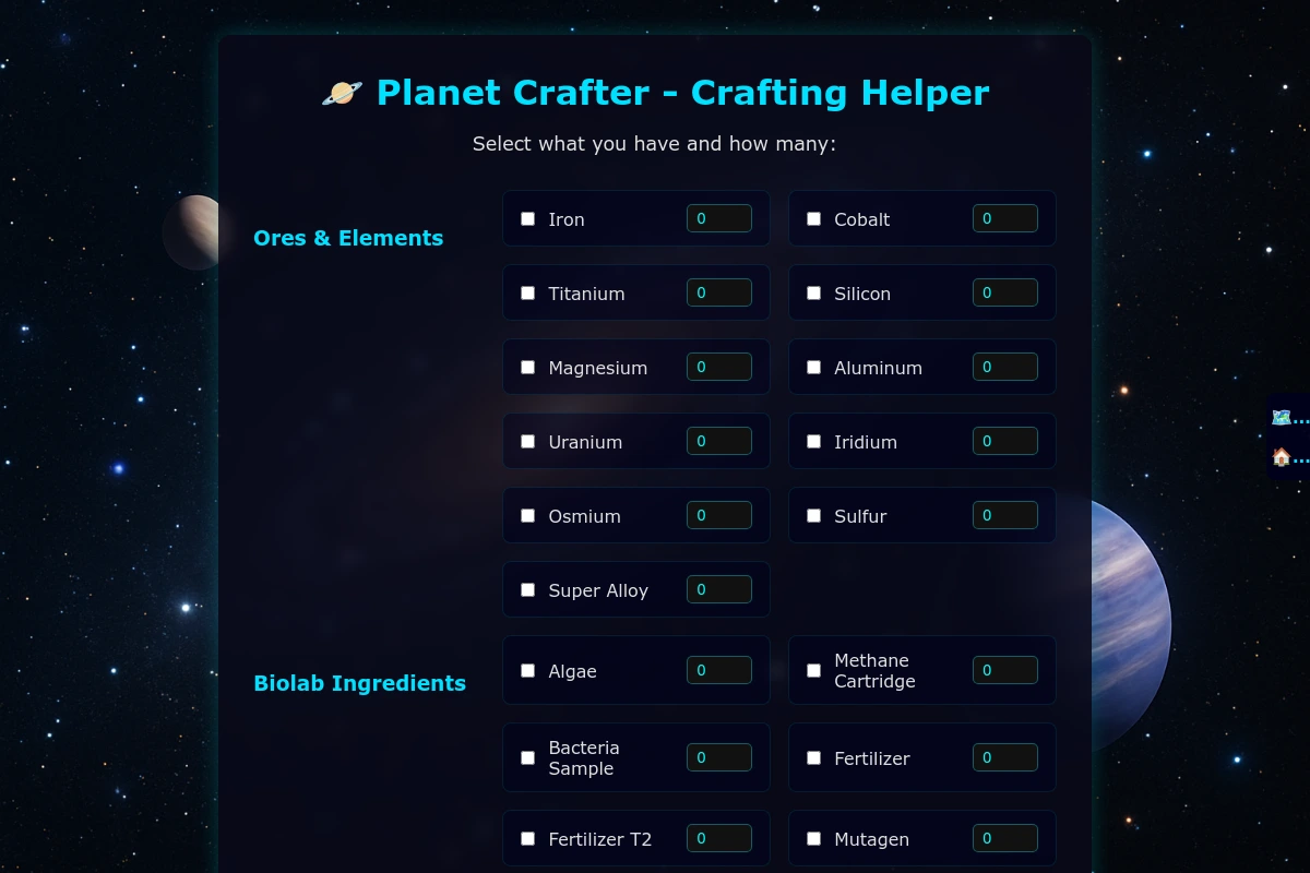 Planet Crafter tools website screenshot