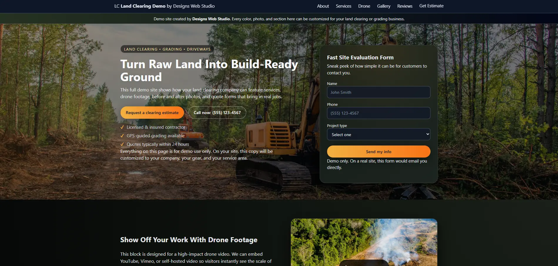 Grading and dirt work demo website screenshot