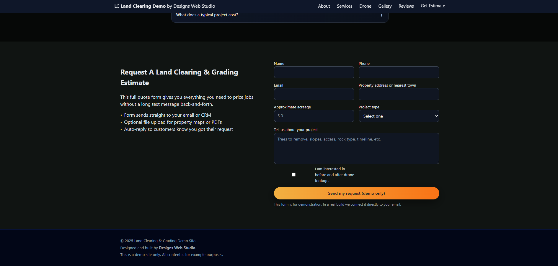 Grading demo services page on desktop