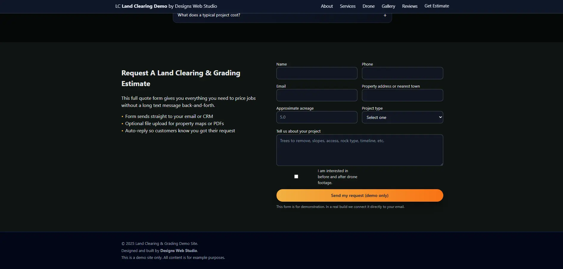 Grading demo services page on desktop