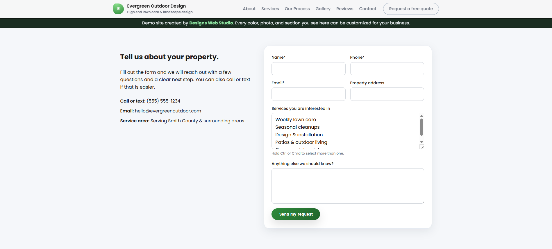 Landscaping demo services page on desktop
