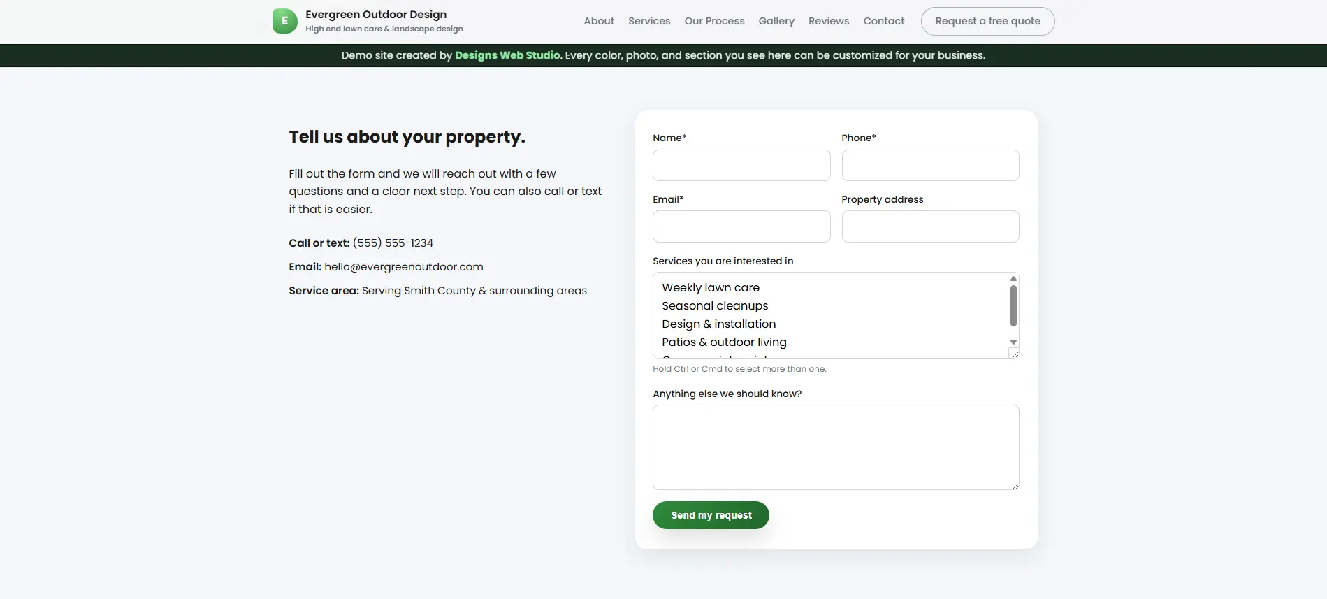 Landscaping demo services page on desktop