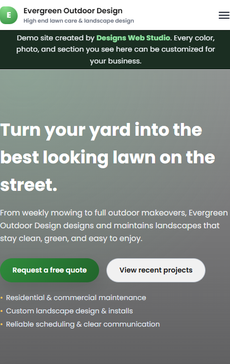 Landscaping demo home page on mobile