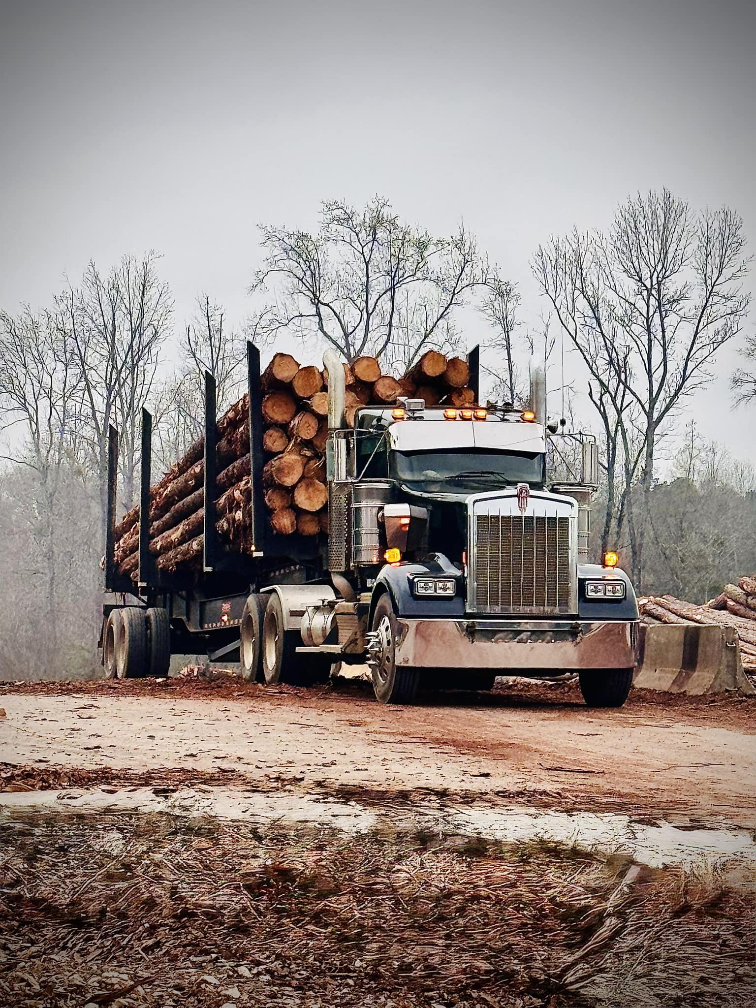 Kenworth log truck hauling a full load of timber